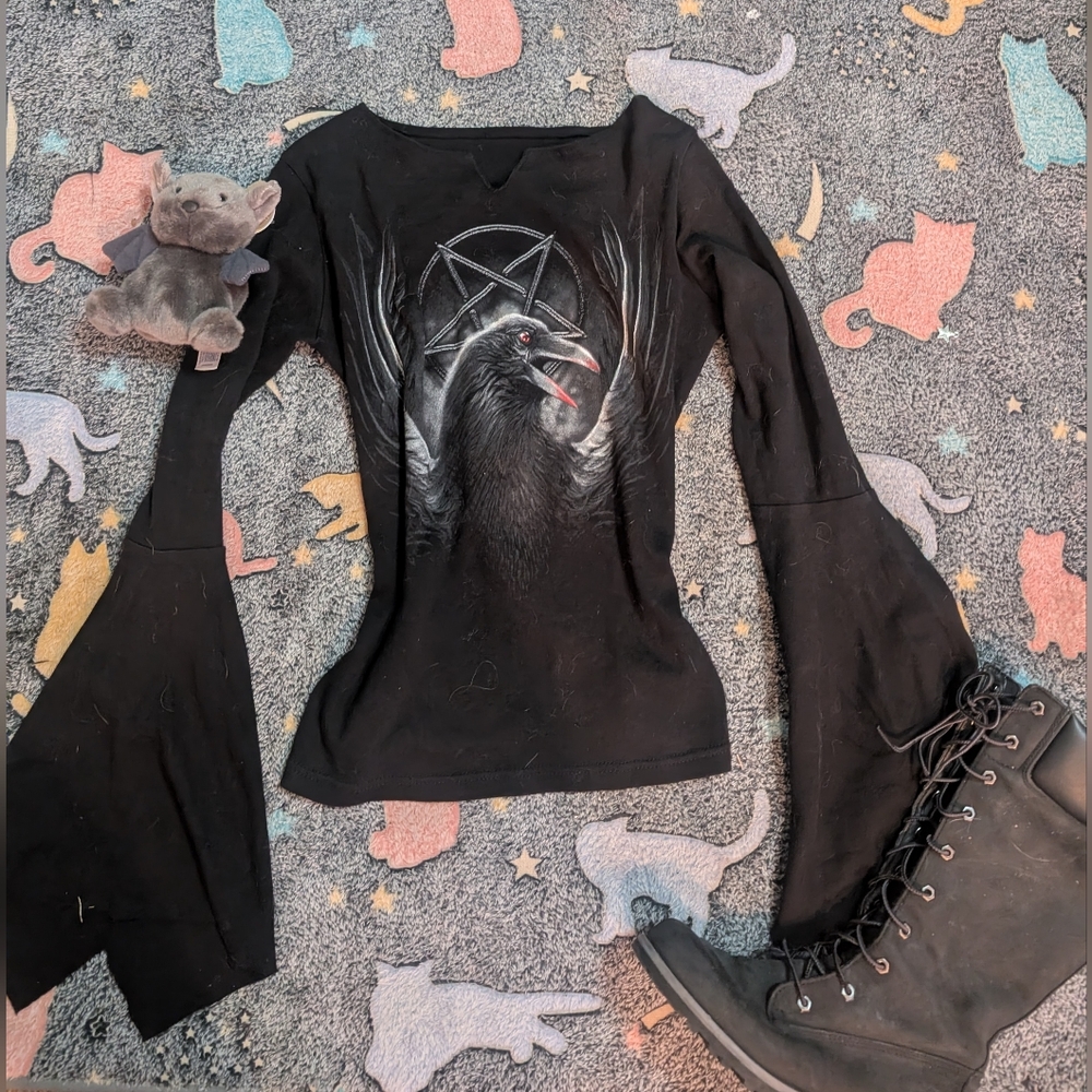 Black Fitted Graphic Blouse with Silver Design